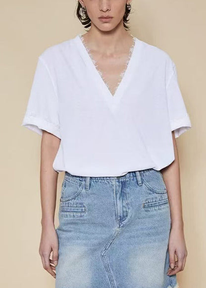White V Neck Lace Patchwork Cotton T Shirt Summer