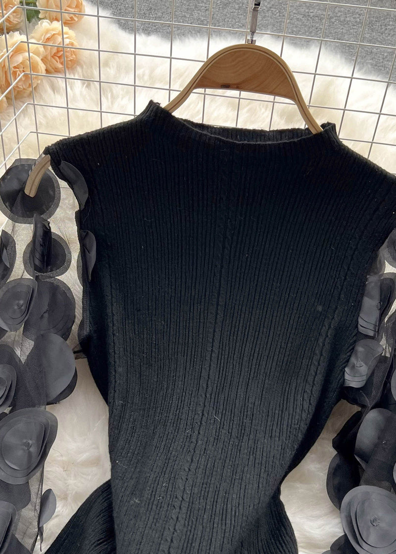 Natural Black O-neck Patchwork Tulle Top Puff Sleeve