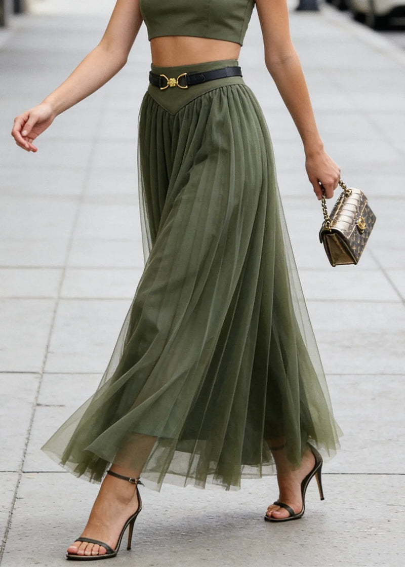 Simple Green Wrinkled Patchwork Tulle Skirts Spring