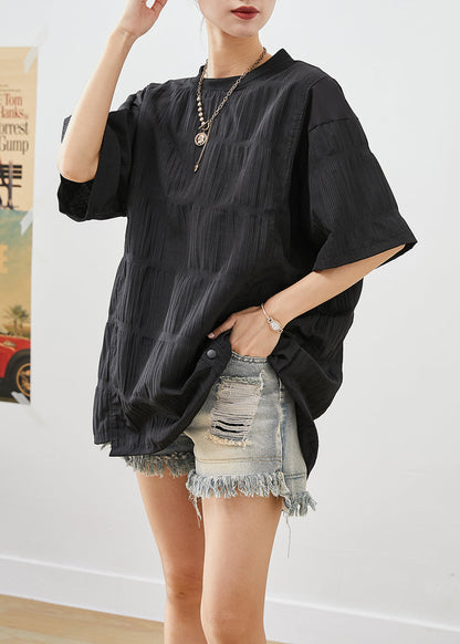 Black Asymmetrical Wrinkled Cotton Tank Tops Summer