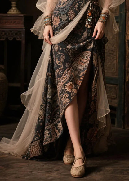 New Retro Black Patchwork Exra Large Hem Chiffon Maxi Dresses Summer