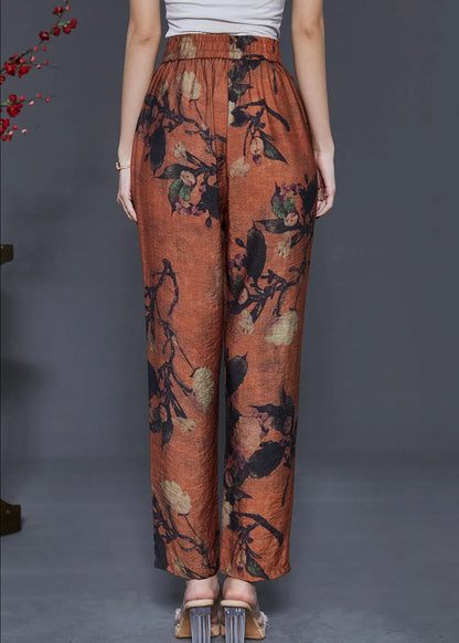 Handmade Orange Oversized Print Linen Pants Summer