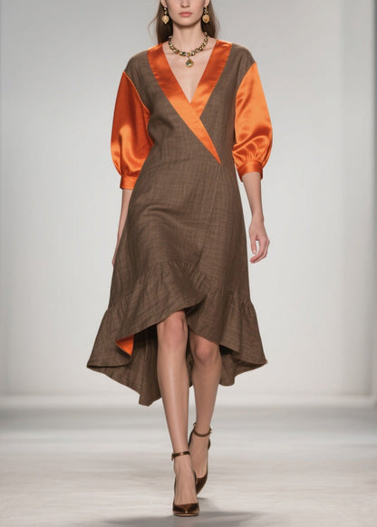 V Neck Ruffled Silk Patchwork Cotton Dresses Summer