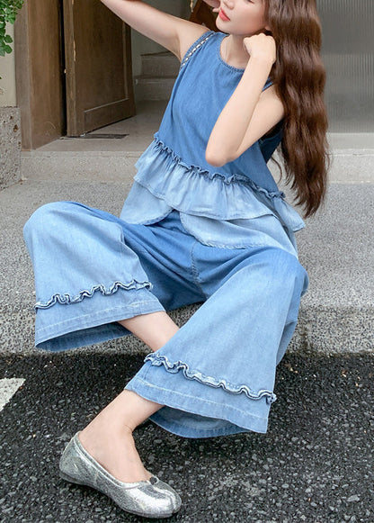 Gradient Color Ruffles Patchwork Denim Two Pieces Set Summer