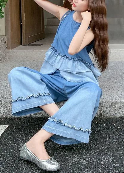 Gradient Color Ruffles Patchwork Denim Two Pieces Set Summer