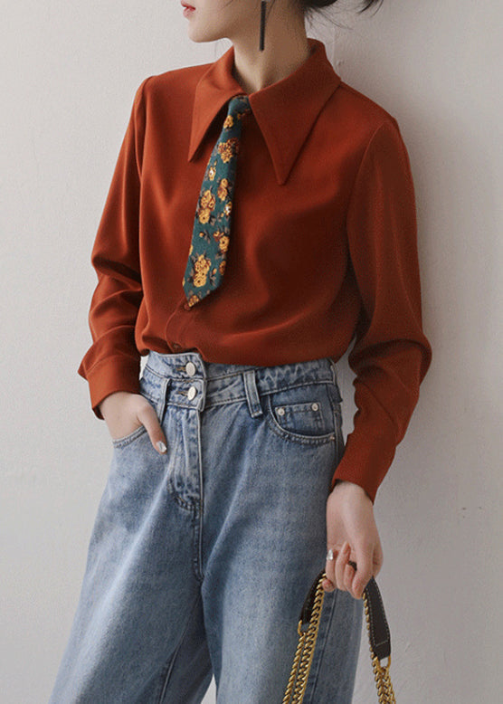 Italian Rust Button Chiffon Blouses Long Sleeve