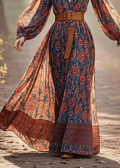 Red Patchwork Tunic Chiffon Long Dress Lantern Sleeve