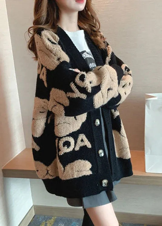 Black Animal Letter Button Cotton Knit Coat Long Sleeve