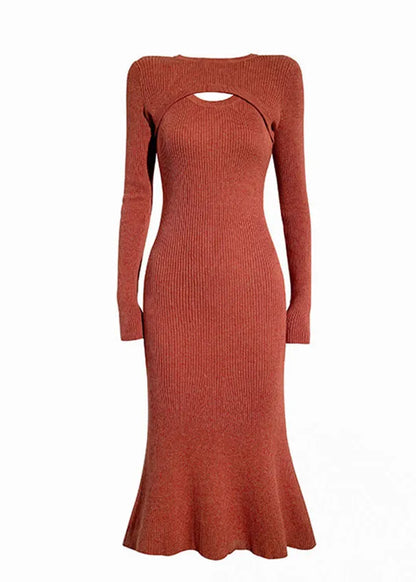 Slim Fit Red O-neck Asymmetrical Wraped Knit Sweater Long Dress Long Sleeve