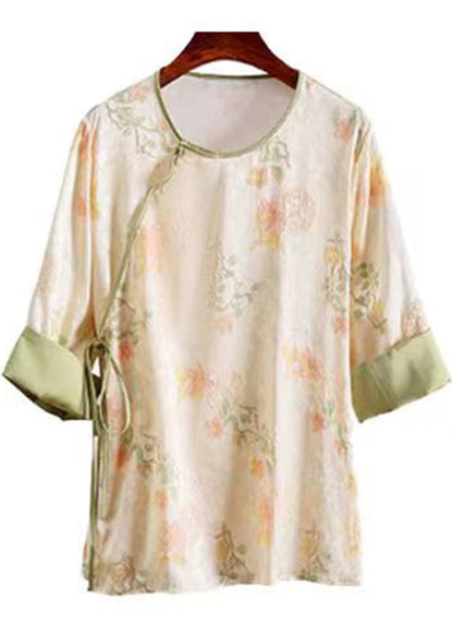 Chinese Style Apricot O-neck Jacquard Lace Up Silk Top Summer