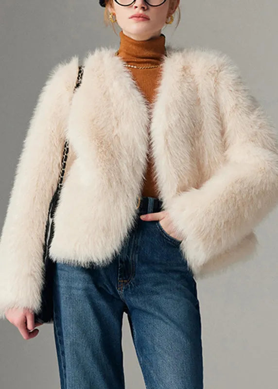 White Cozy Leather and Fur Coats Long Sleeve