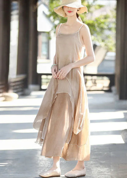 Khaki Asymmetrical Design Cotton Holiday Spaghetti Strap Dress Summer