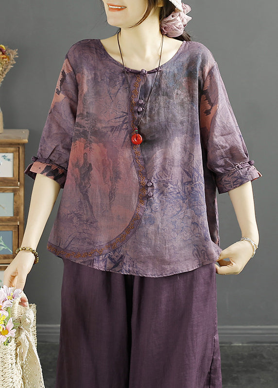 Purple O Neck Print Chinese Button Linen Blouse Tops Half Sleeve
