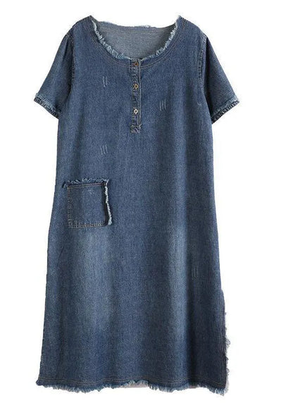 Style Blue O-neck Tassel Pocket Side Open Cotton Vacation Denim Dresses Short Sleeve