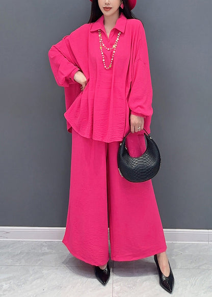 Rose Tops and Wide Leg Pants Cotton Two Pieces Set Spring