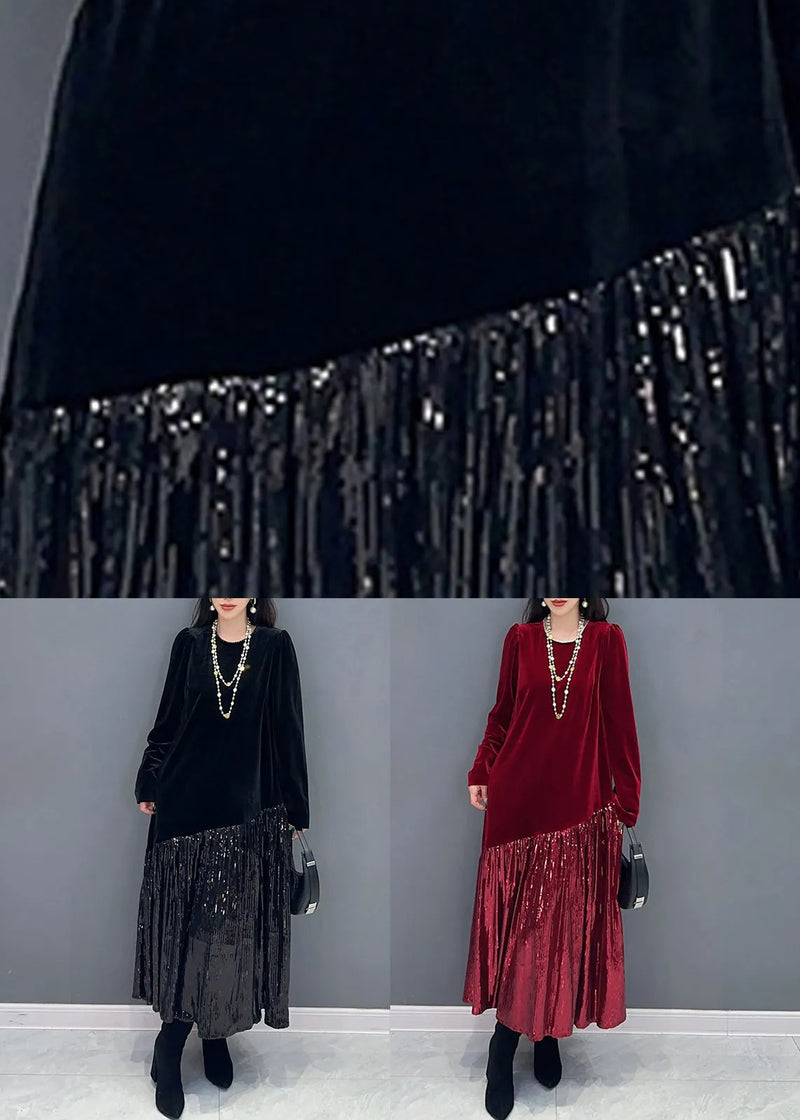 New Red Patchwork Silk Velour Long Dress Long Sleeve