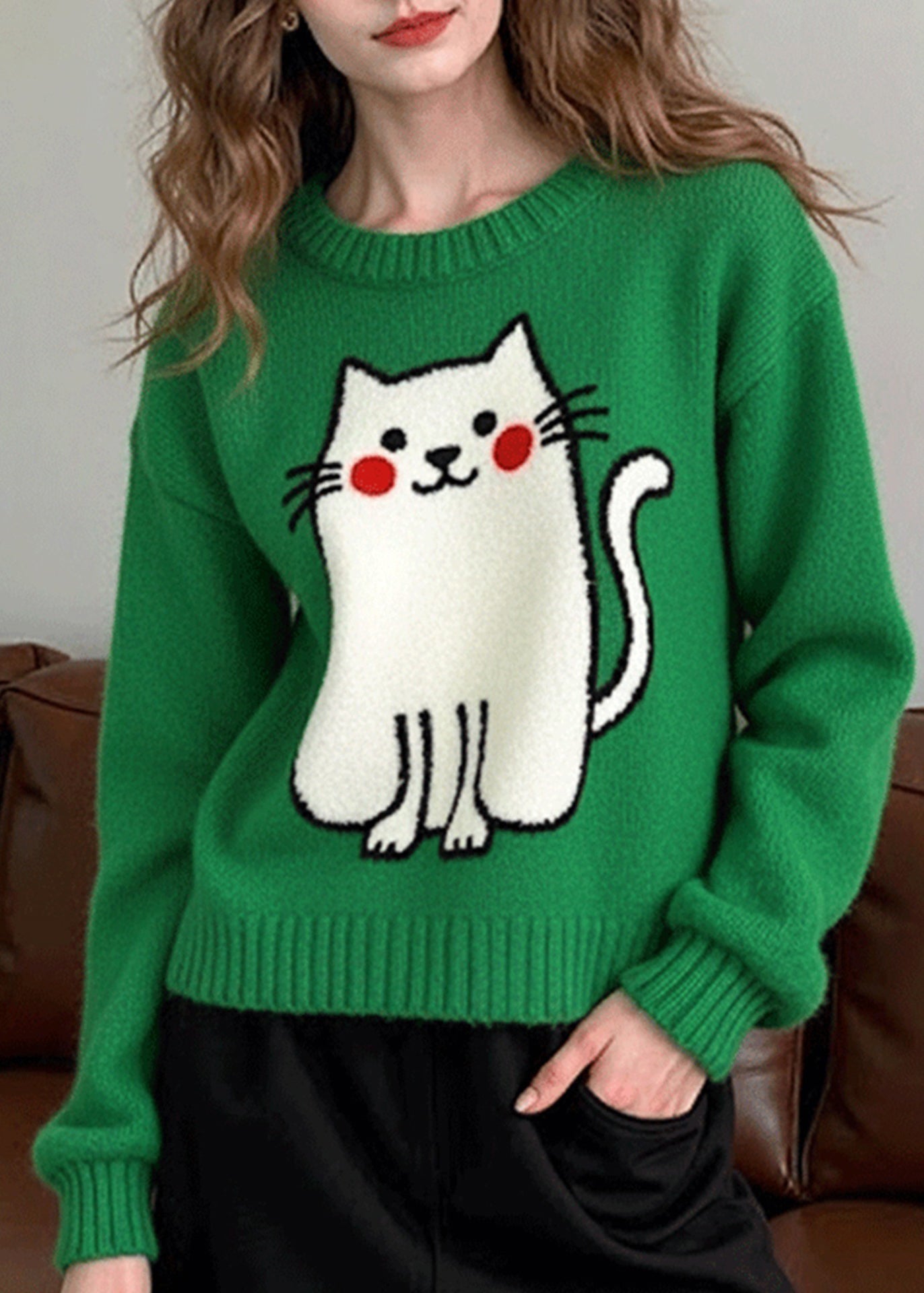 Tea Green Oversized Cat Knit Sweater Tops Winter