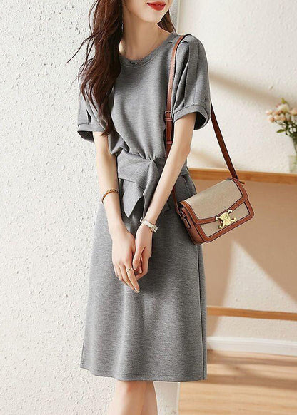 Simple Grey O Neck Patchwork T Shirt and Skirtss Cotton Two Pieces Set Fall