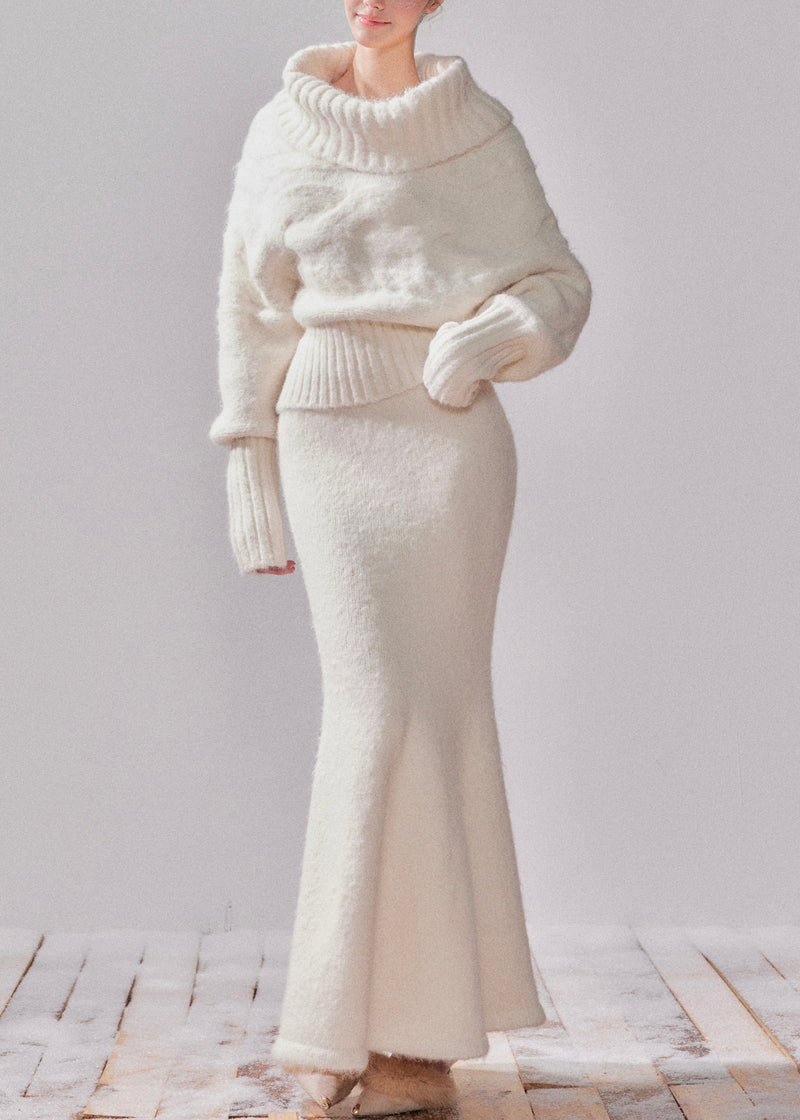 White Turtleneck Patchwork Cotton Knit Sweater and Maxi Dress Two-piece Set Fall