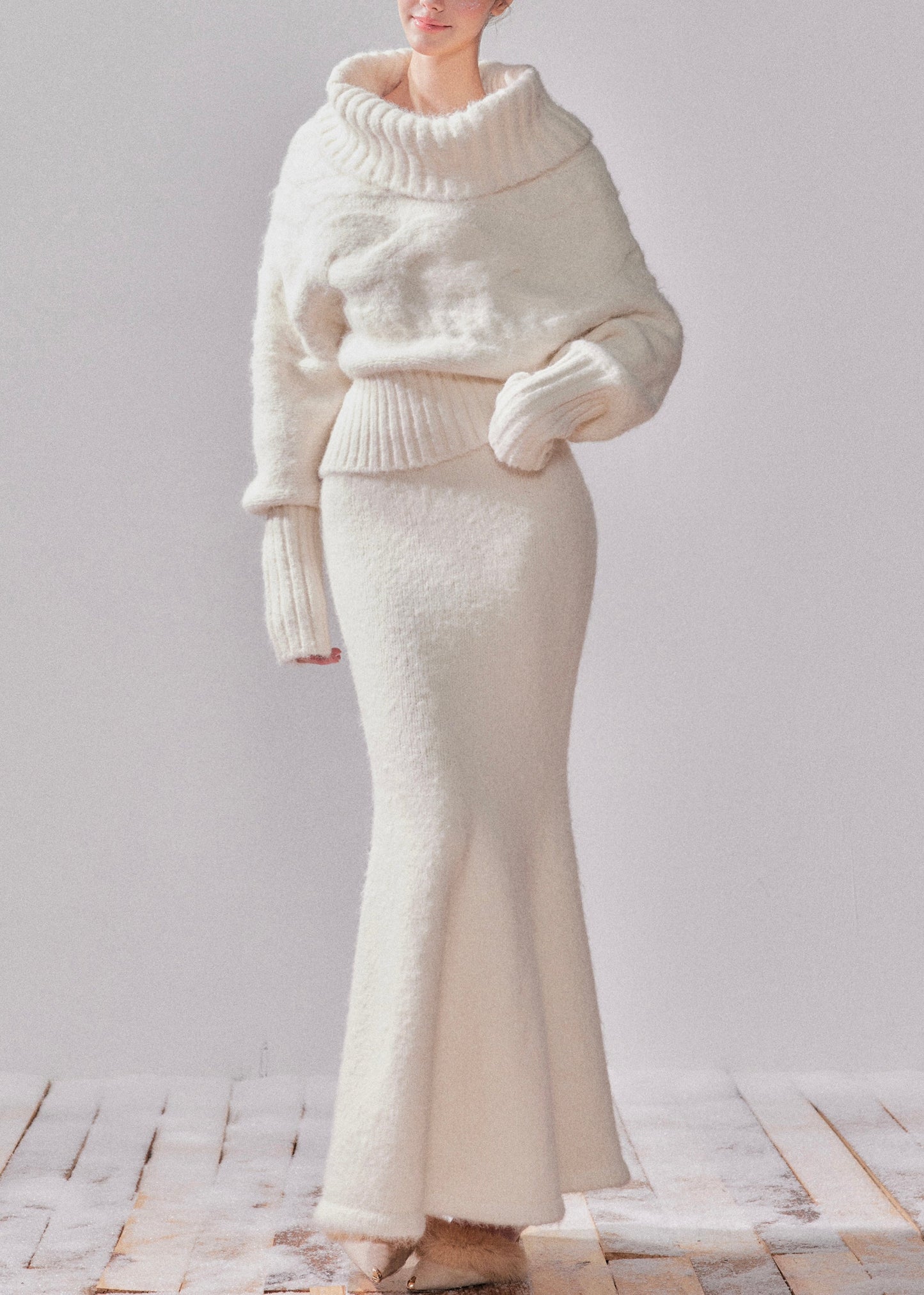 White Turtleneck Patchwork Cotton Knit Sweater and Maxi Dress Two-piece Set Fall