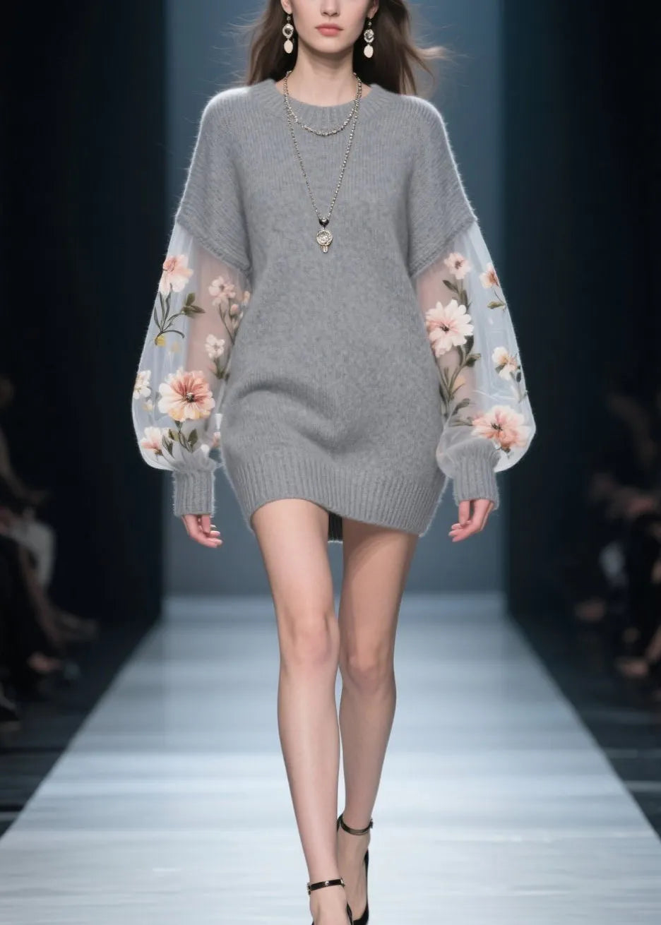 New Grey O Neck Tulle Patchwork Knit Knitwear Dress Fall