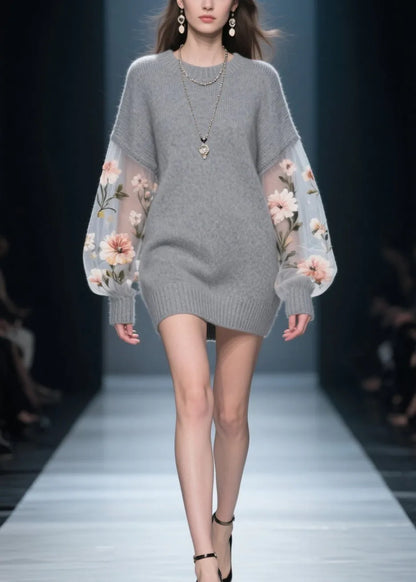 New Grey O Neck Tulle Patchwork Knit Knitwear Dress Fall