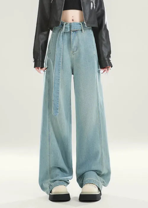 Original Design Black Sashes High Waist Warm Fleece Jeans