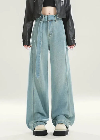 Original Design Black Sashes High Waist Warm Fleece Jeans