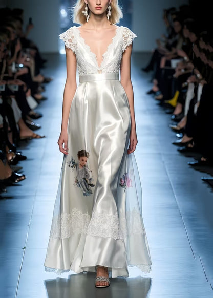 White Print Patchwork Lace Silk Party Dress Sleeveless Summer
