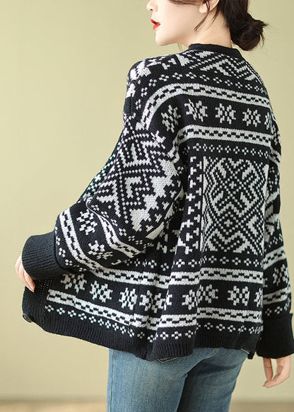 Black Oversized Print Knit Cardigan Spring