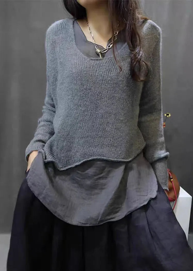 Simple Red Asymmetrical Patchwork Cotton Knit Tops Long Sleeve Fall