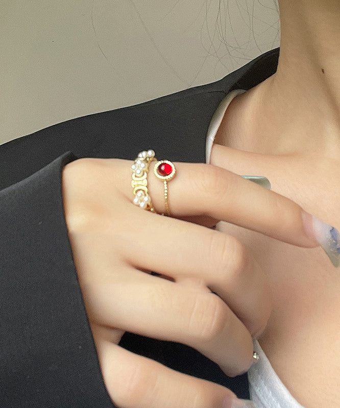 Diy Gold Copper Pearl Gem Stone Two Piece Set Rings
