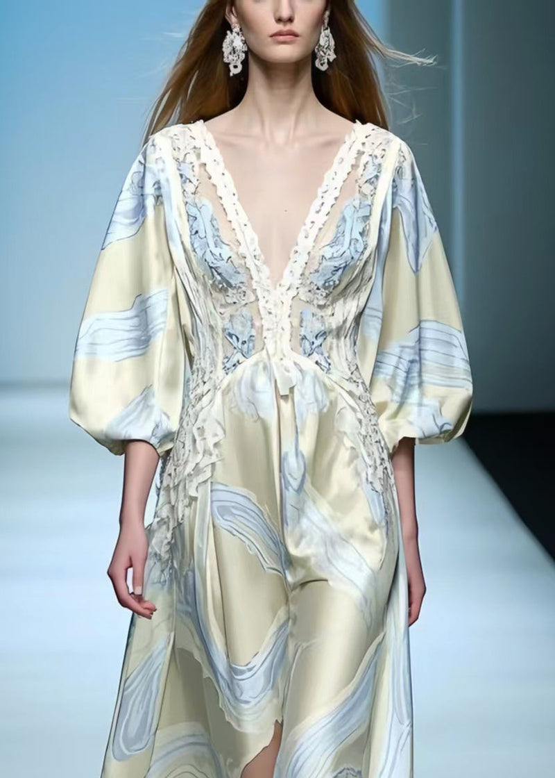Apricot Print Draping Silk Maxi Dresses Lantern Sleeve