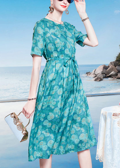 Loose Peacock Blue O-neck Dot Print Drawstring Linen Long Dresses Short Sleeve