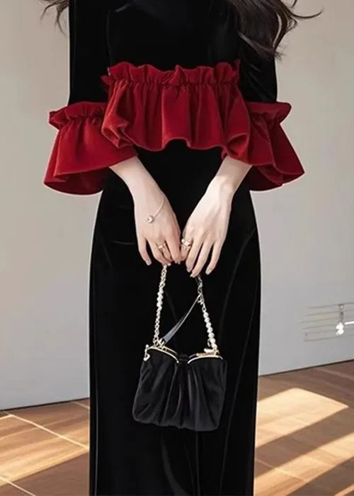 New Black Ruffled Tops and Skirts Patchwork Silk Velvet Two Pieces Set Fall