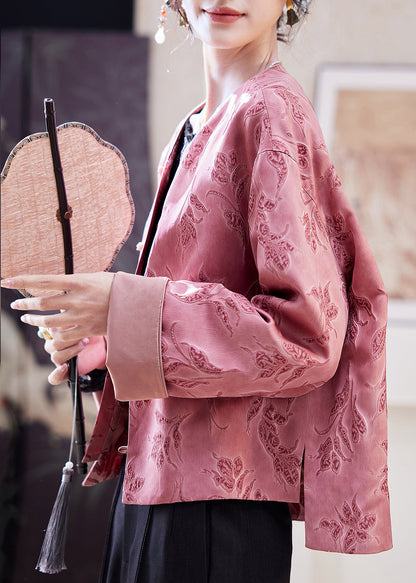 Chinese Style Pink O-neck Print Coats Batwing Sleeve