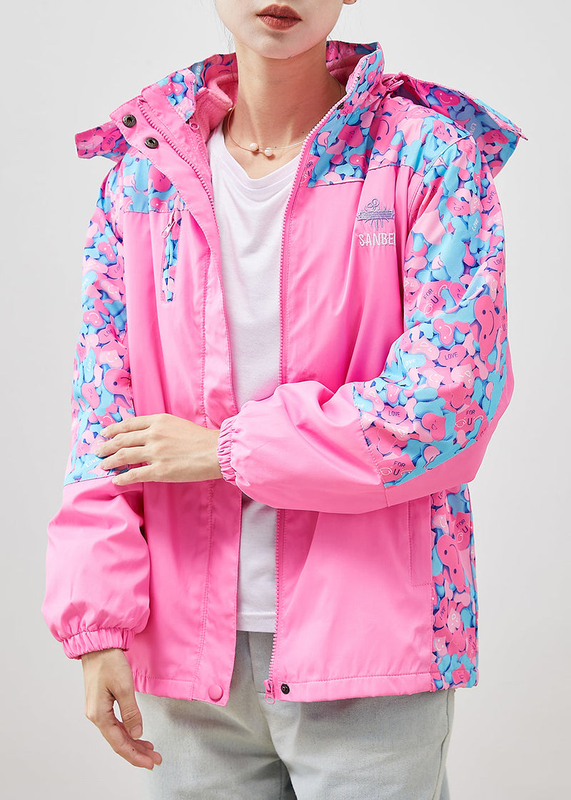 Pink Hooded Patchwork Print Spandex Coat Outwear Fall