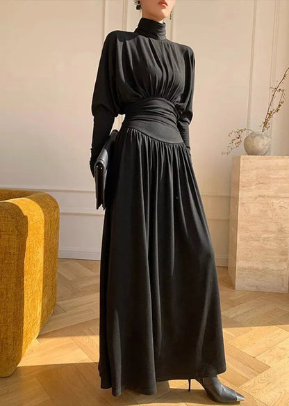 Black Turtleneck Wrinkled High Waist Cotton Maxi Dresses Spring