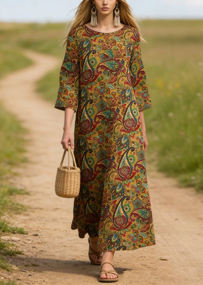 O Neck Print Cotton Long Dresses Summer