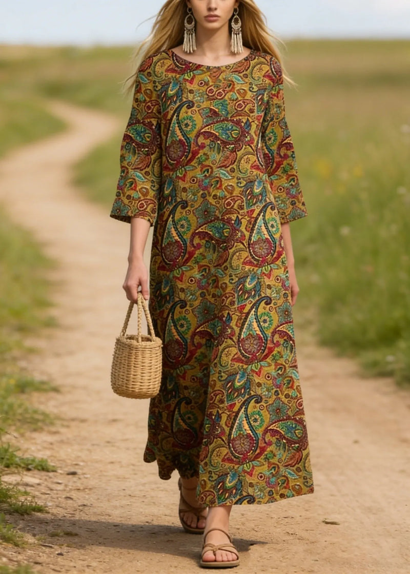 O Neck Print Cotton Long Dresses Summer