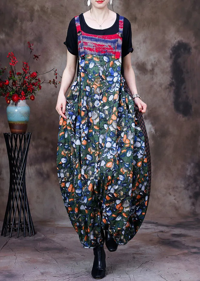Stylish Green Patchwork Plaid Print Linen Overalls Jumpsuit and Cotton Tanks Two Piece Set Summer