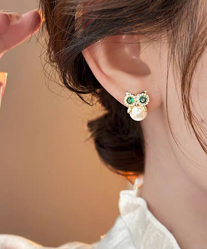 Gold Copper Alloy Zircon Owl Pearl Stud Earrings