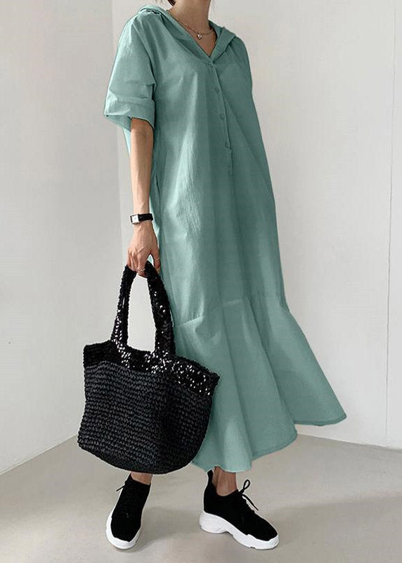 Beige Patchwork Button Hoded Long Shirt Dress Short Sleeve