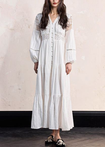 White Hollow Out Wrinkled Cotton Blouses Dress Fall