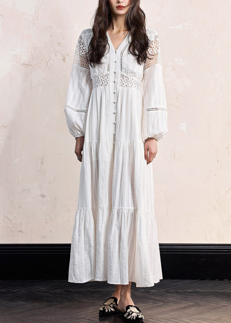 White Hollow Out Wrinkled Cotton Blouses Dress Fall