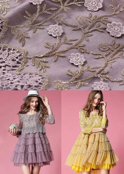 Purple Tulle Dress Hollow Out Embroideried Patchwork Spring