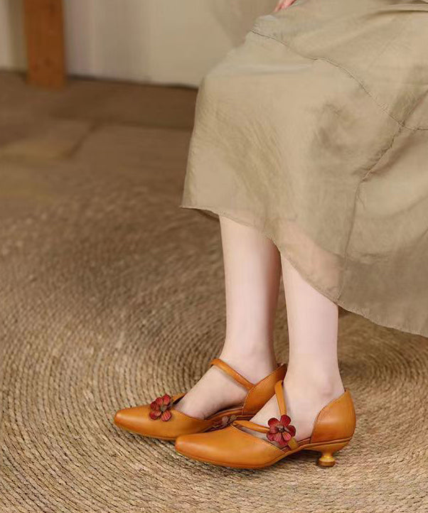 Yellow Sandals Kitten Cowhide Leather Simple Splicing