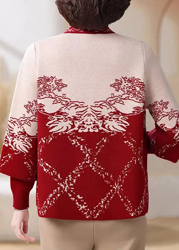 Red Print Cotton Knit Coats and Sweater Two Pieces Set Three Quarter Sleeve