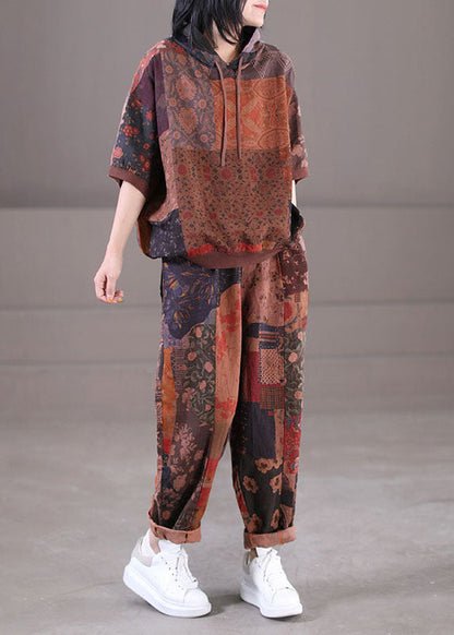 Chocolate Hooded Drawstring Print Linen Tops and Pants Two Pieces Set Summer