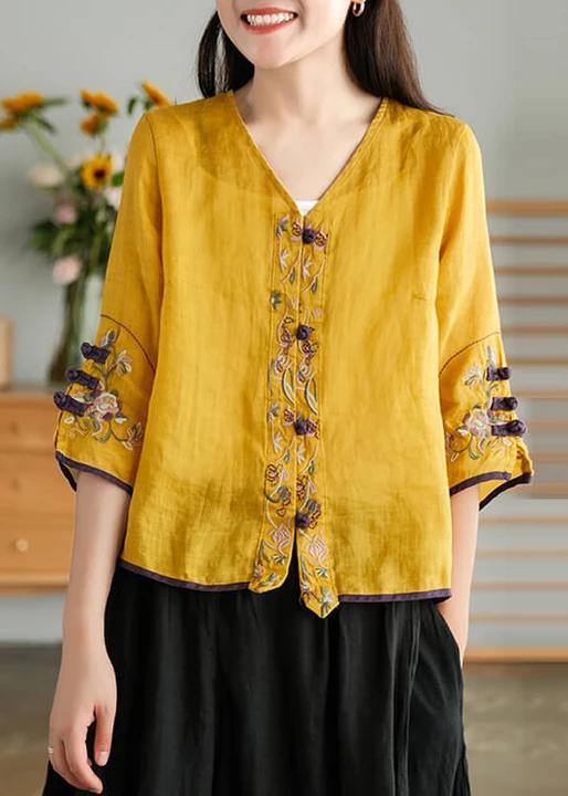 Yellow Ramie Cardigan Embroidered Shirt